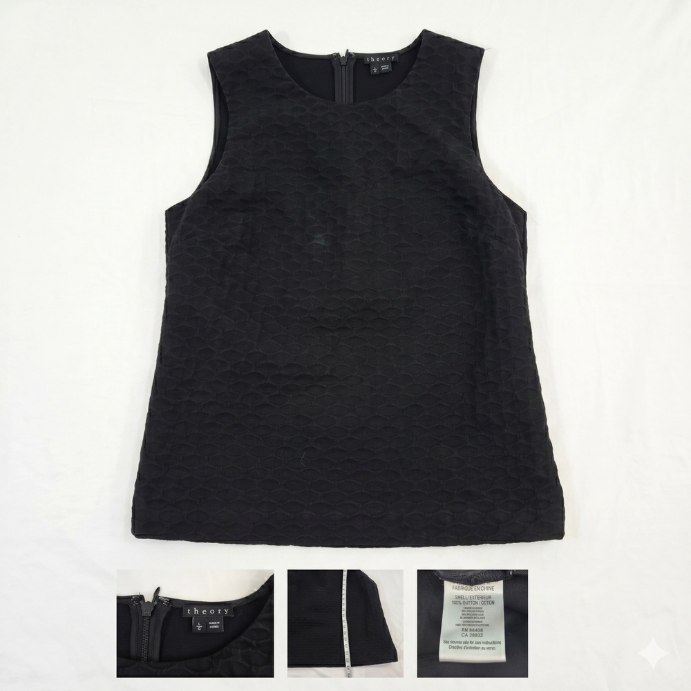 Theory Emlay C Wendt Black Matelassé Sleeveless Top‎ Shell L Scallop Textured